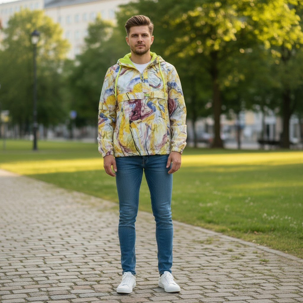 Throwback Rack woman wearing a yellow, blue, and purple abstract print Levi's Stockton Anorak 1/2 Zip Wind Breaker with a lime green hood and white sneakers.