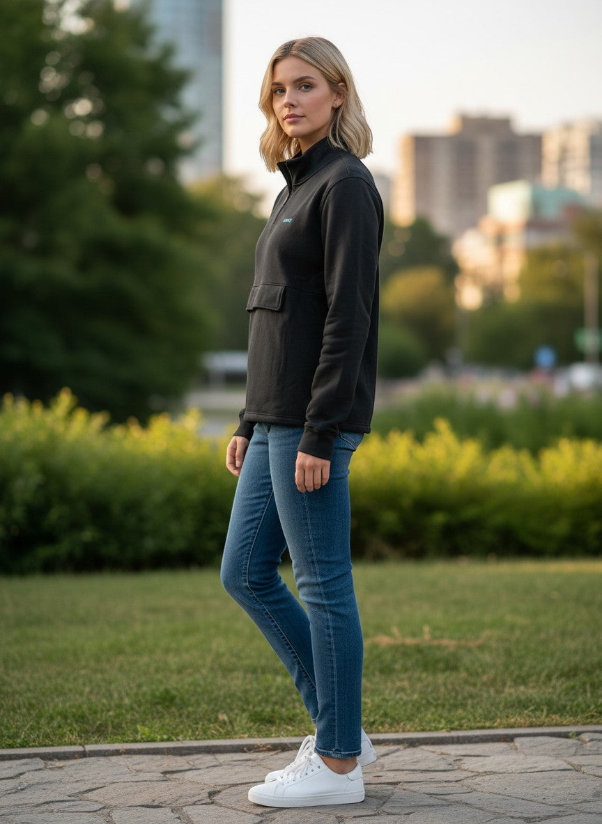 Throwback Rack black Levi's 1/4 zip mock neck sweatshirt with a chest logo and front pocket, worn by a woman in jeans.