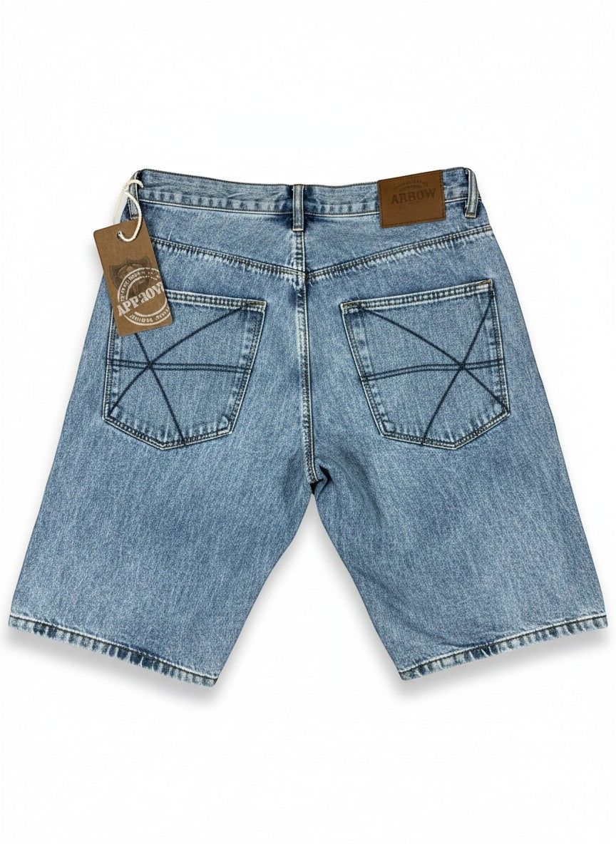 Throwback Rack light wash denim jorts with a 12-inch inseam and unique cross-stitching on back pockets.