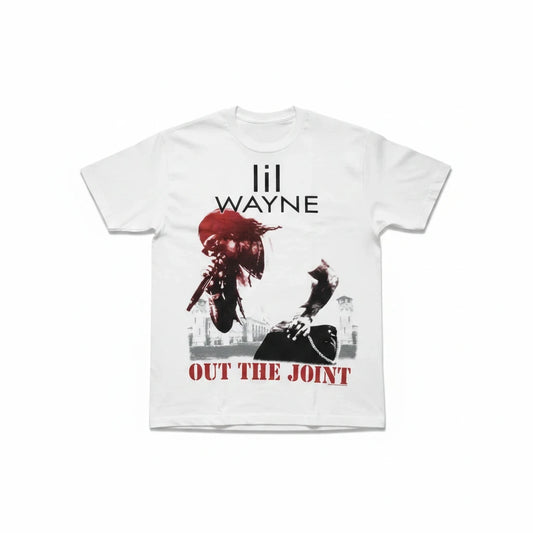 Throwback Rack white cotton crewneck t-shirt featuring a 2010 Lil Wayne Out The Joint graphic in red and black