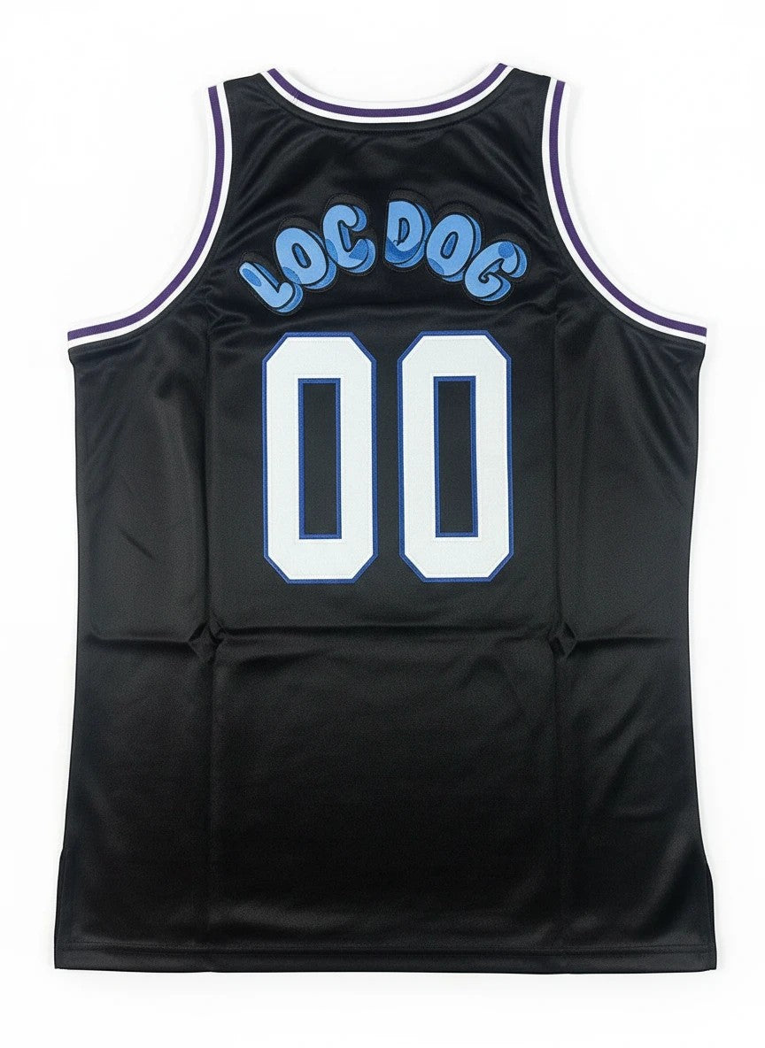 Throwback Rack black mesh basketball jersey with blue puffed-out "Loc Dog" lettering and "00" on back. Purple and white trim.