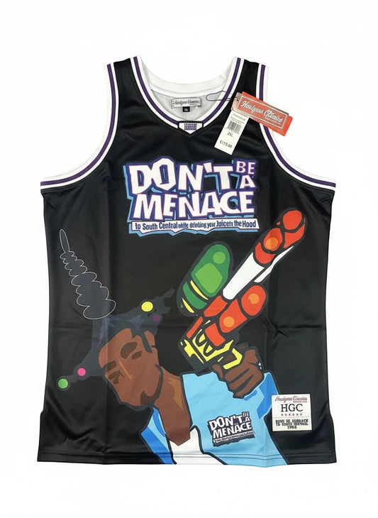 Throwback Rack black mesh basketball jersey with "Don't Be A Menace" graphic and Loc Dog character. Purple and white trim.