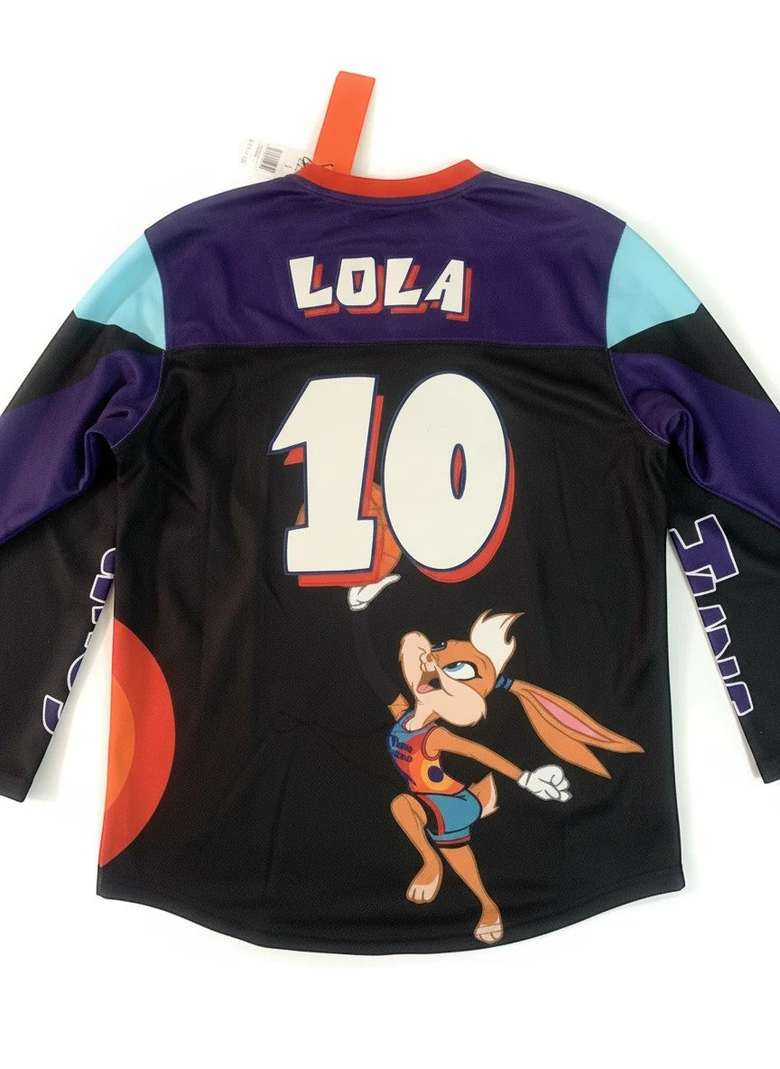 Throwback Rack Tune Squad Lola Bunny basketball jersey with number 10 and graphic on black, purple, and aqua fabric.
