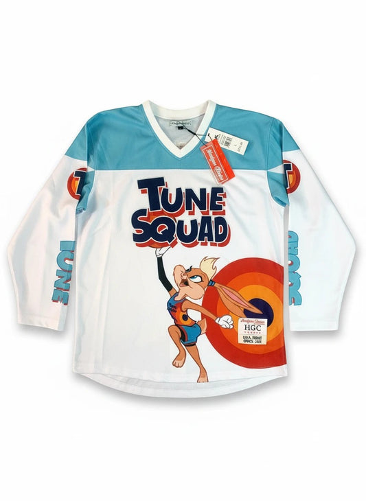 Throwback Rack white long sleeve Tune Squad Lola Bunny hockey jersey with blue accents and graphics.