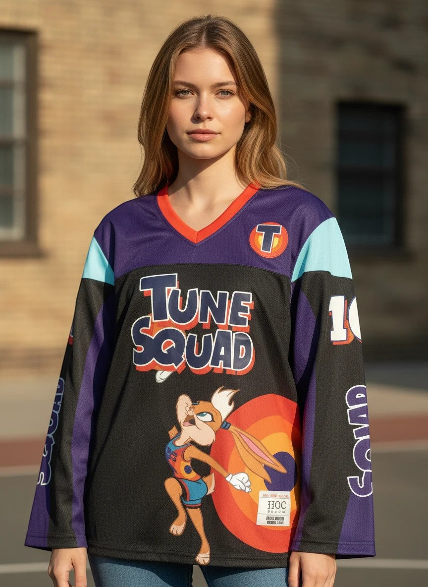 Throwback Rack Tune Squad Lola Bunny hockey jersey with purple, black, aqua, and red accents. Features Lola Bunny graphic and "TUNE SQUAD" text.
