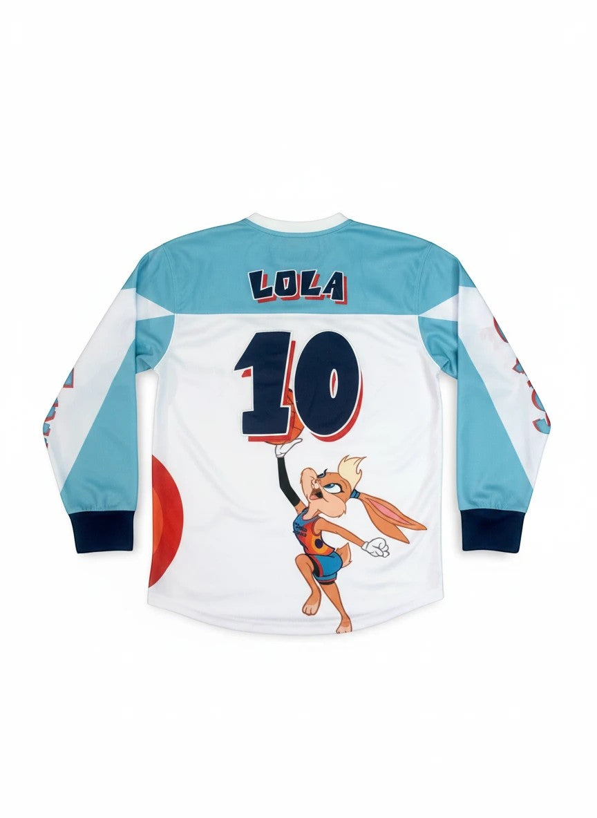 Throwback Rack white long sleeve jersey with blue accents, featuring Lola Bunny and the number 10. Tune Squad logo on front.
