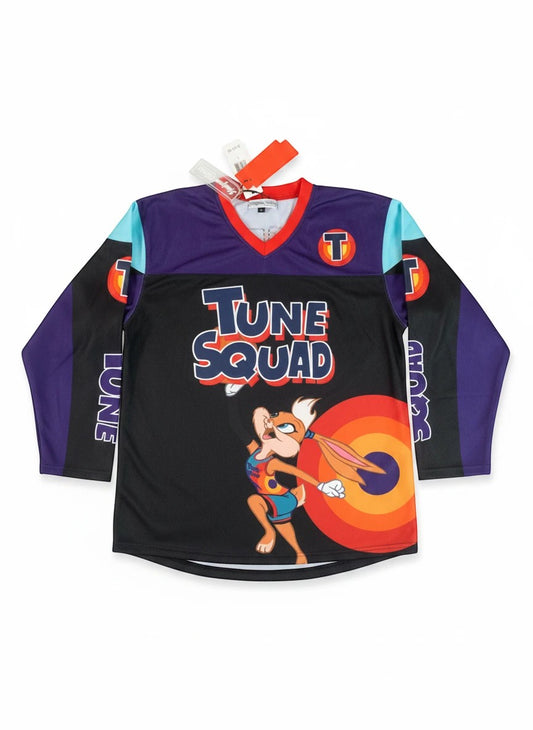Throwback Rack Tune Squad Lola Bunny basketball jersey with purple, black, and aqua color blocking. Features Lola Bunny graphic and "TUNE SQUAD" text.