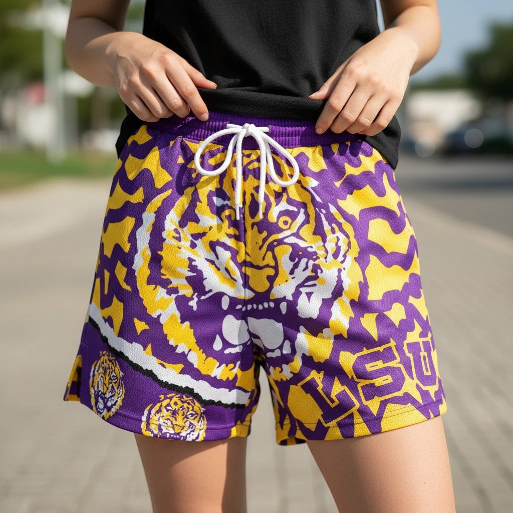 Throwback Rack LSU Tigers purple and gold mesh basketball shorts with tiger graphic and LSU lettering.