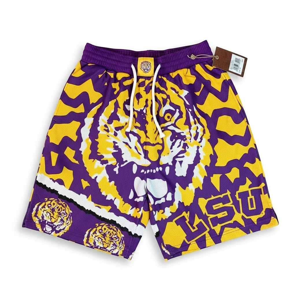 Throwback Rack LSU Tigers purple and gold mesh basketball shorts with tiger graphic and LSU lettering.