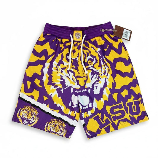 Throwback Rack LSU Tigers purple and gold mesh basketball shorts with tiger graphic and LSU lettering.