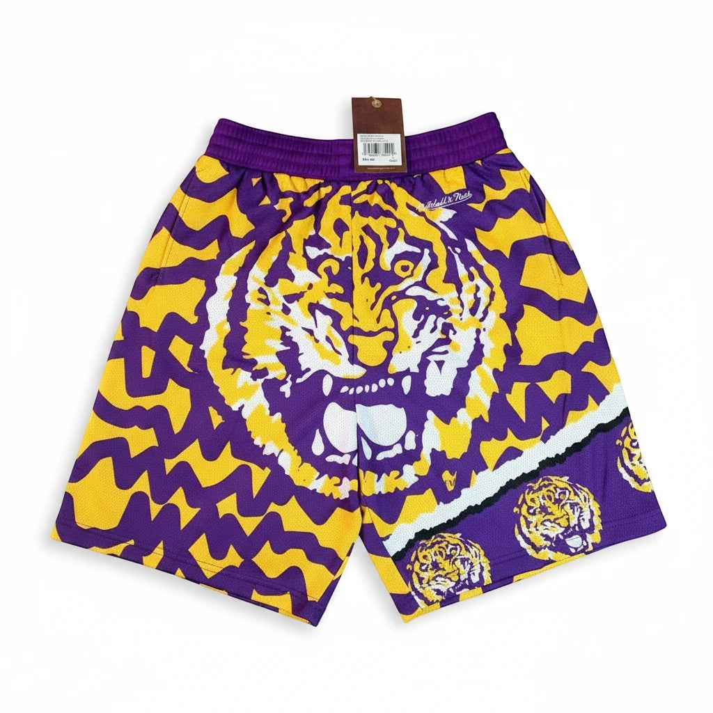 Throwback Rack LSU Tigers purple and gold mesh basketball shorts with tiger graphic and elastic waistband.