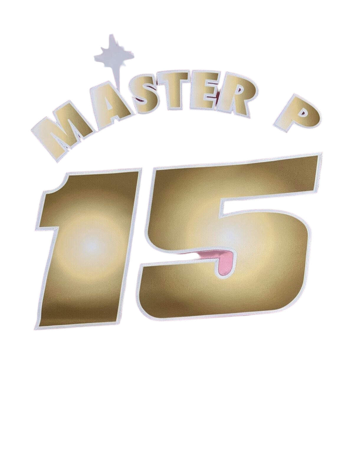 Throwback Rack Master P number 15 gold embroidered patch from a No Limit Records varsity jacket