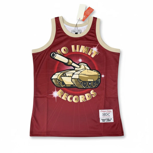 Throwback Rack Master P No Limit Records basketball jersey in maroon with gold tank graphic and embroidered details.