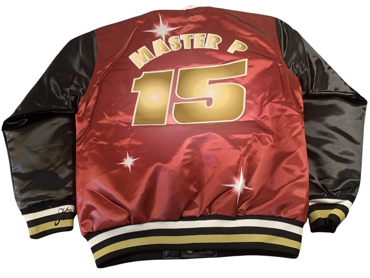 Throwback Rack No Limit Records Master P varsity jacket in red and black satin with gold 15 and star graphics on back