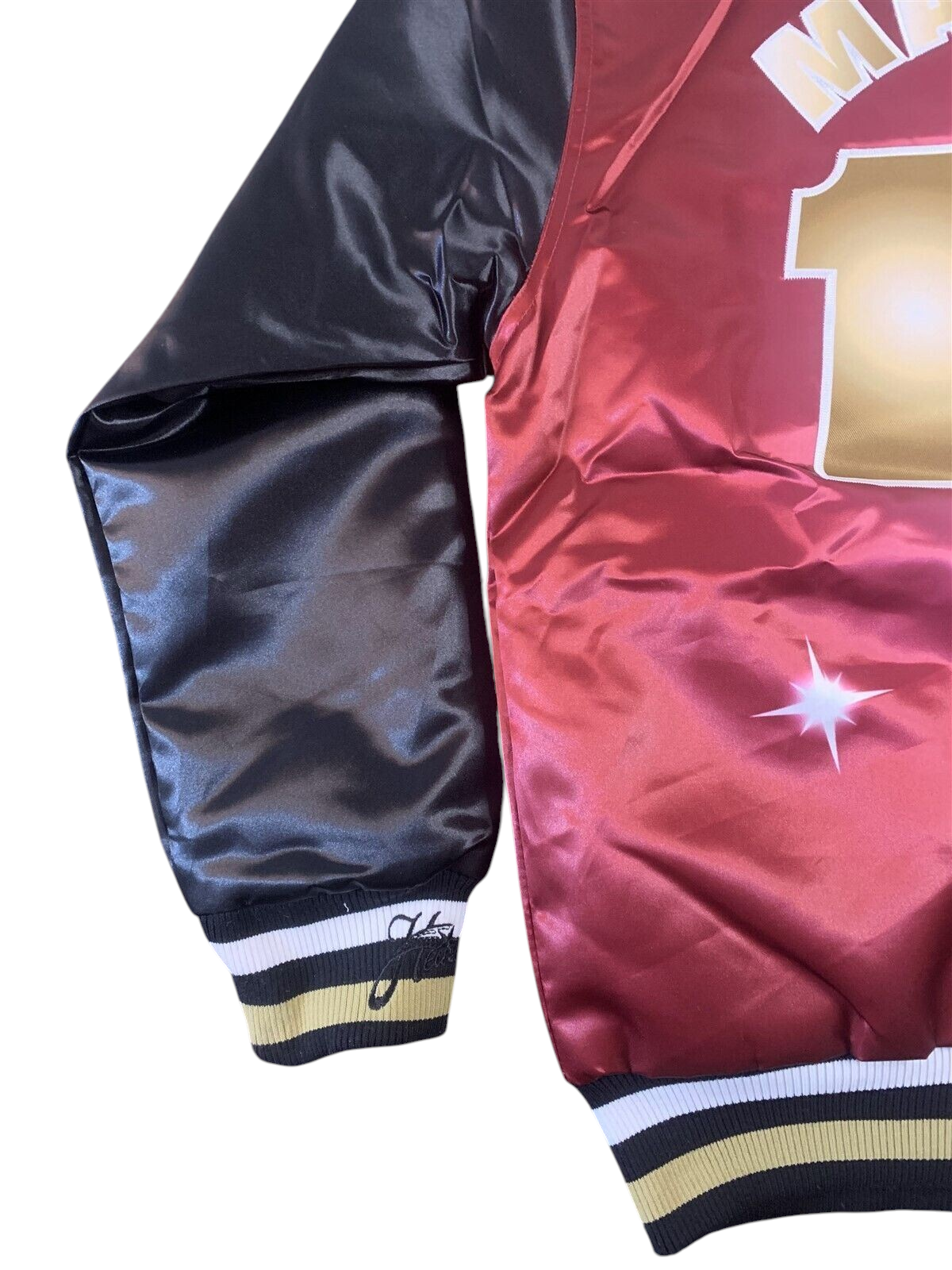 Throwback Rack No Limit Records Master P varsity jacket in red and black satin with gold detailing and ribbed cuffs
