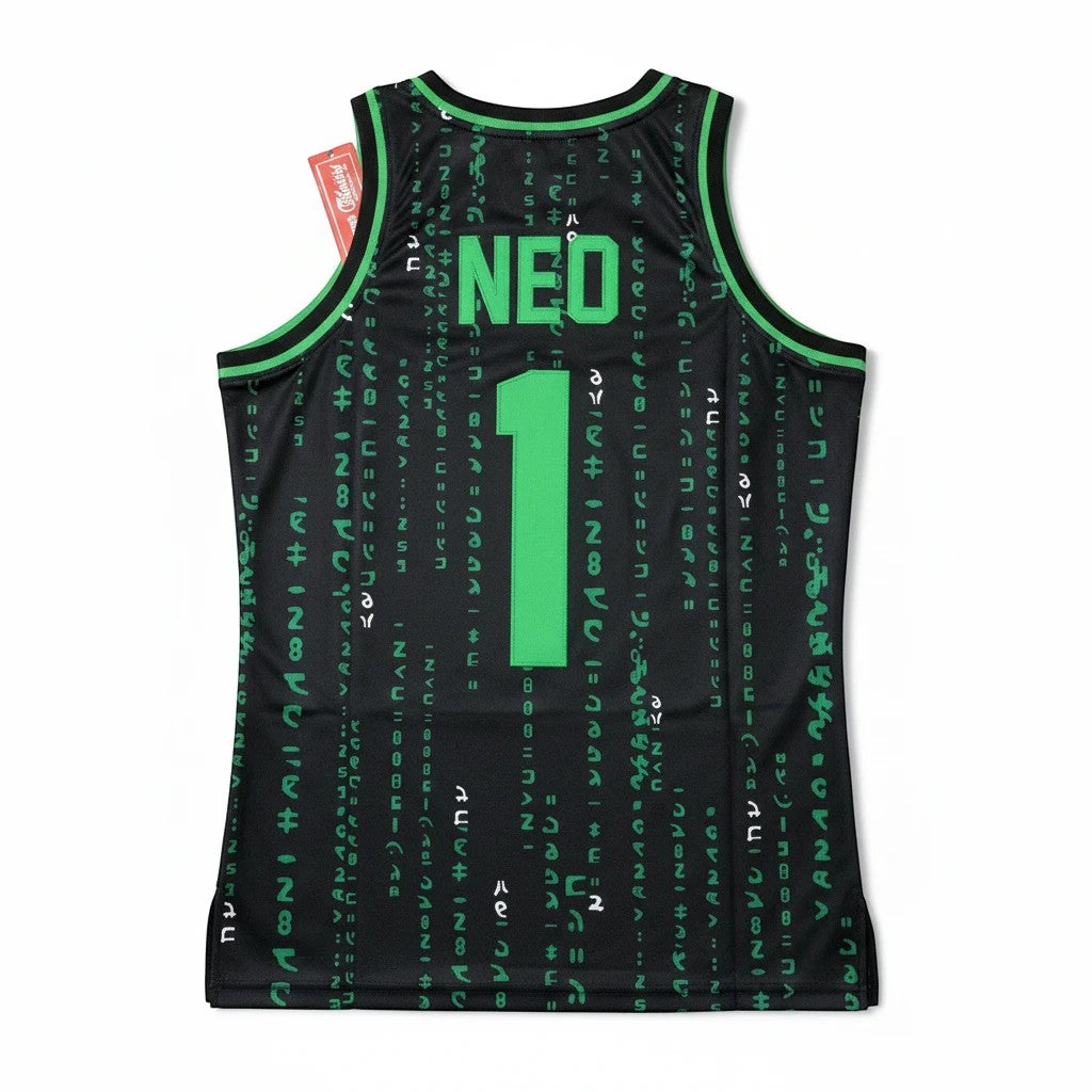 Throwback Rack The Matrix Neo basketball jersey in black with green digital rain pattern, featuring Neo and number 1.