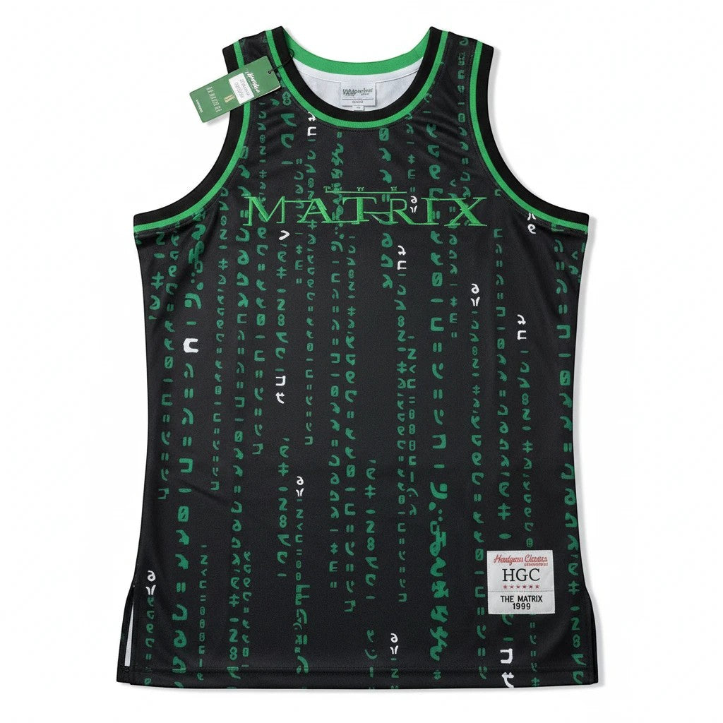 Throwback Rack The Matrix Neo basketball jersey in black mesh with green digital rain pattern and logo