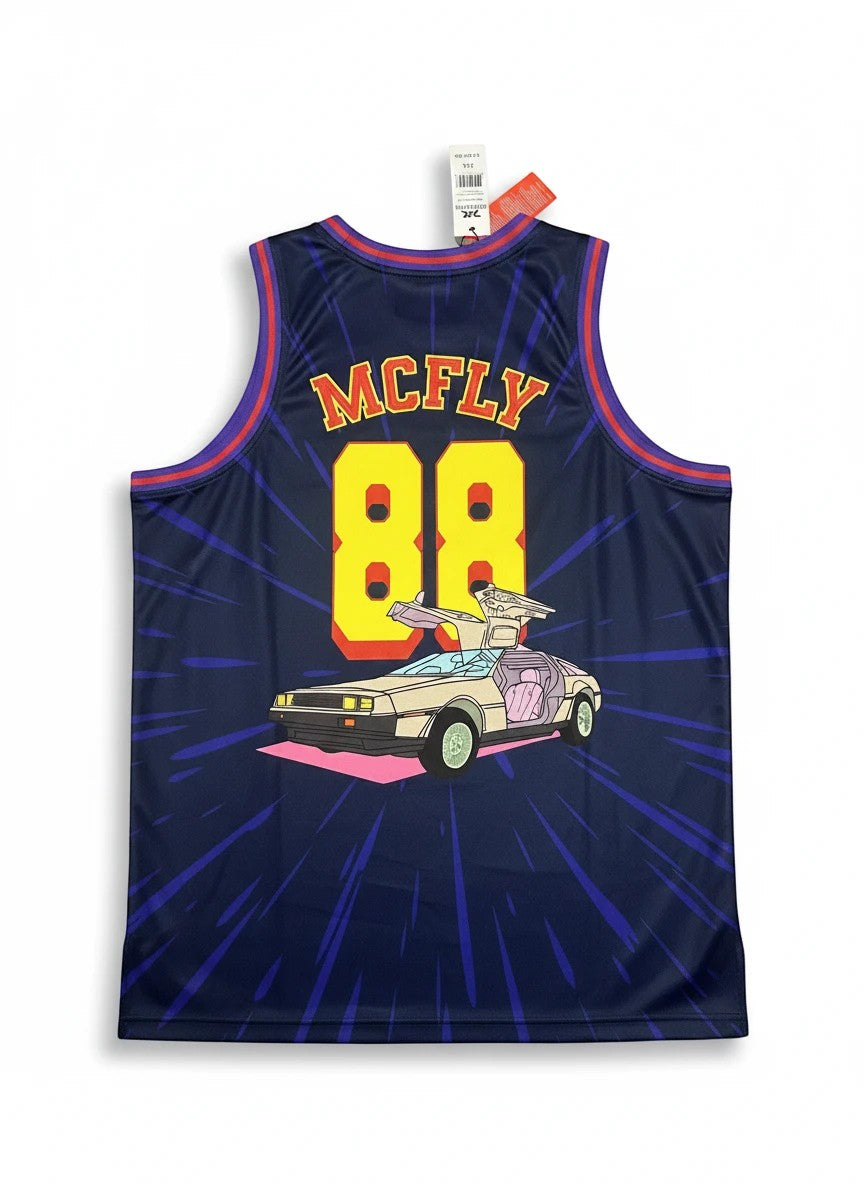 Throwback Rack navy blue polyester basketball jersey with "MCFLY 88" and DeLorean graphic. Red and purple trim.