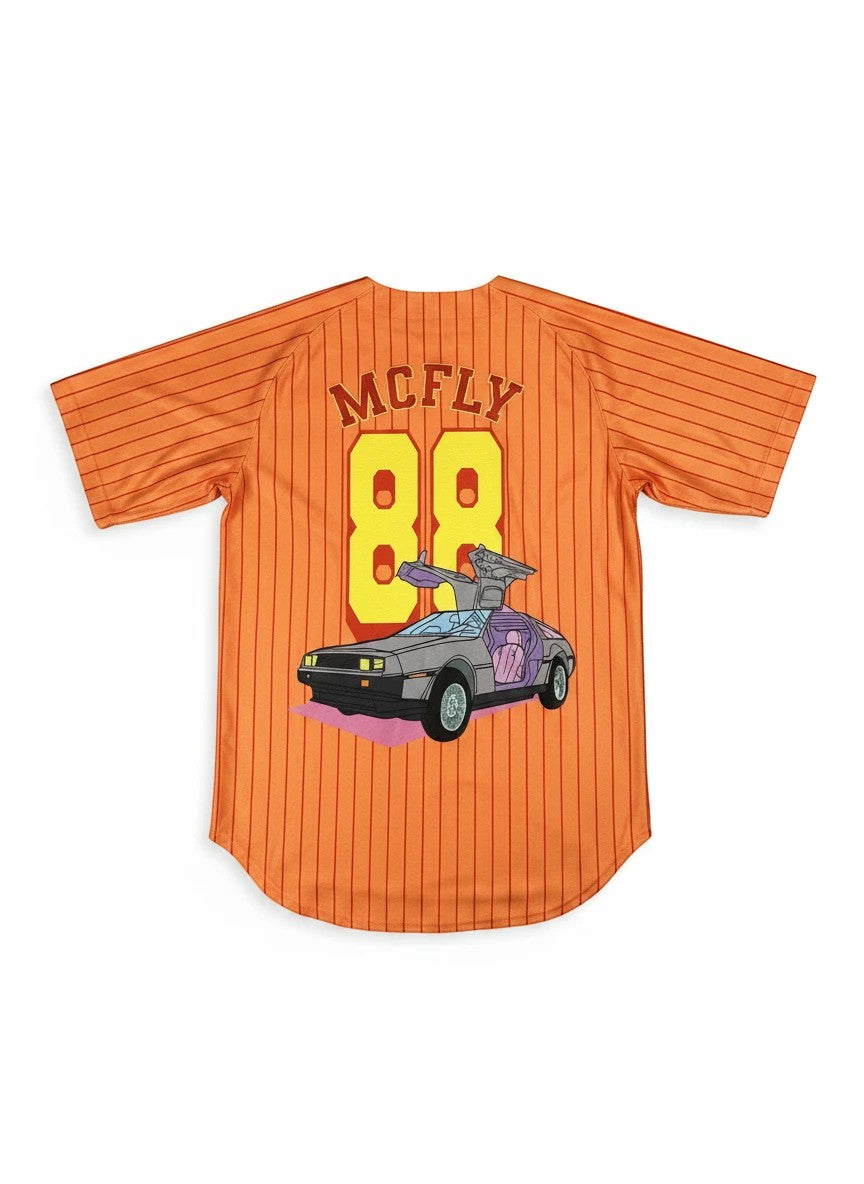 Throwback Rack orange pinstripe baseball jersey with "MCFLY 88" and DeLorean graphic. Lightweight fabric.
