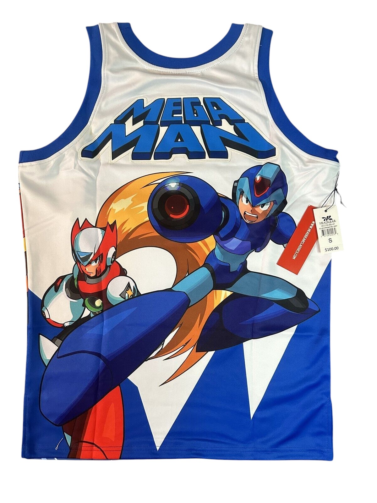 Throwback Rack white mesh basketball jersey with Mega Man and Zero graphic print, blue trim.