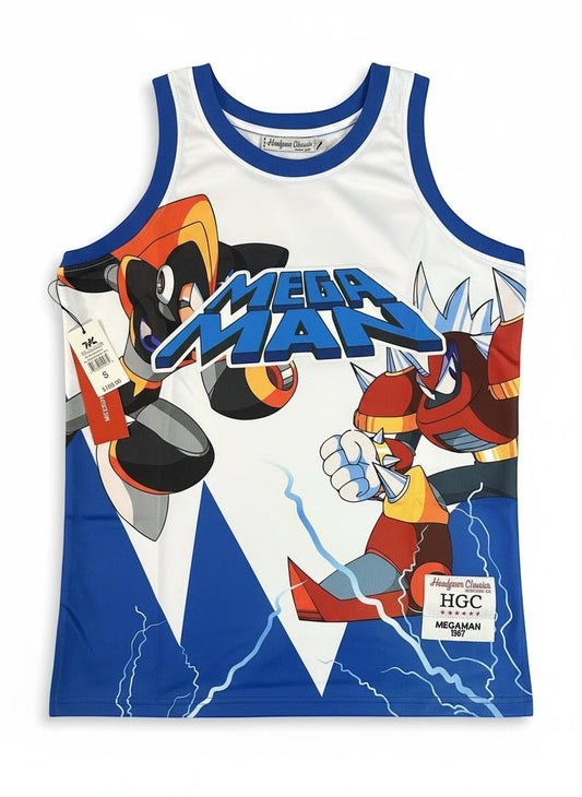 Throwback Rack Mega Man graphic print basketball jersey in white with blue trim. Features Mega Man characters in action.