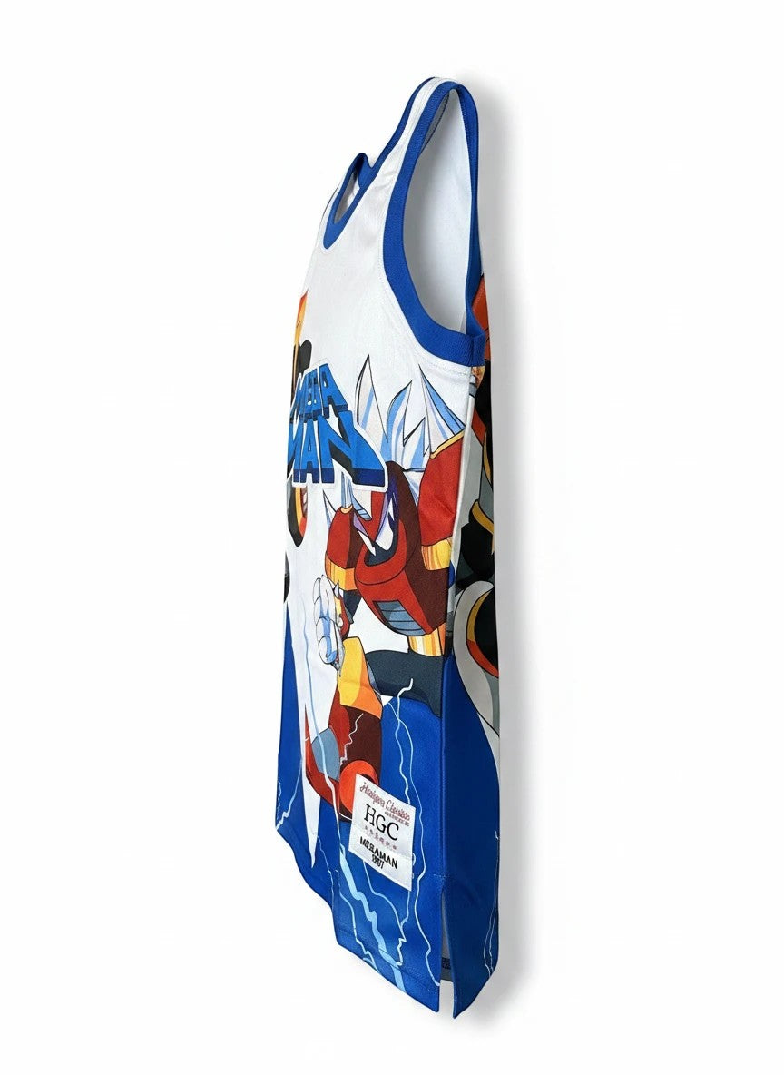 Throwback Rack white mesh basketball jersey with all-over Mega Man graphic print and blue trim.