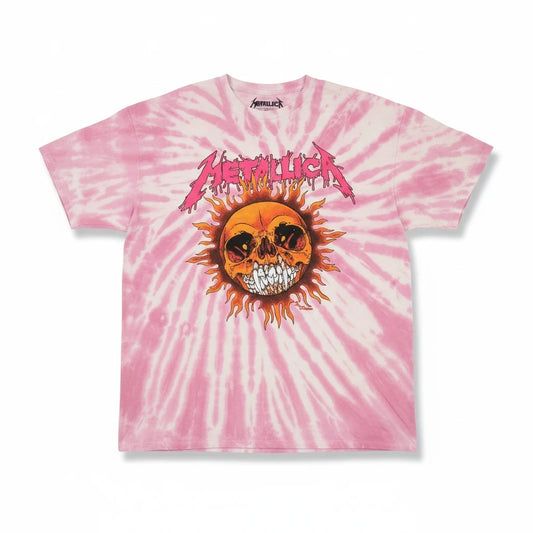 Throwback Rack Metallica pink and white tie-dye cotton t-shirt featuring a sun skull graphic print.
