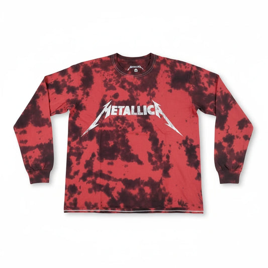 Throwback Rack Metallica long sleeve shirt in red and black tie-dye with a distressed white band logo print.