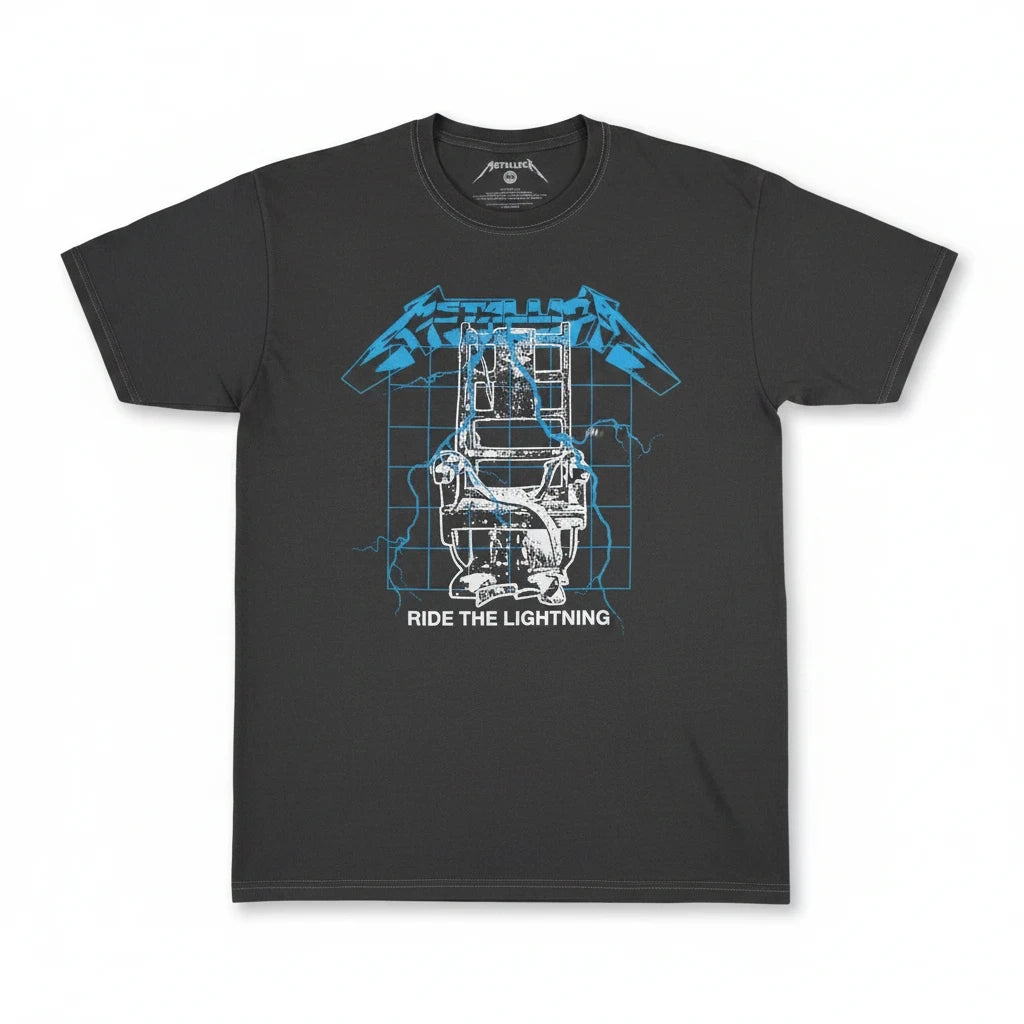 Throwback Rack Metallica Ride The Lightning charcoal black cotton crewneck t-shirt with blue electric chair graphic