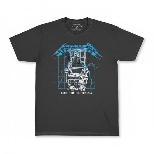 Throwback Rack Metallica Ride The Lightning charcoal black cotton crewneck t-shirt with blue electric chair graphic