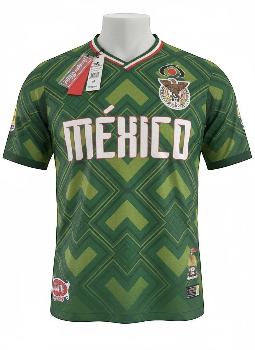 Throwback Rack green Mexico 1990 World Cup soccer jersey with geometric pattern and "MÉXICO" text.