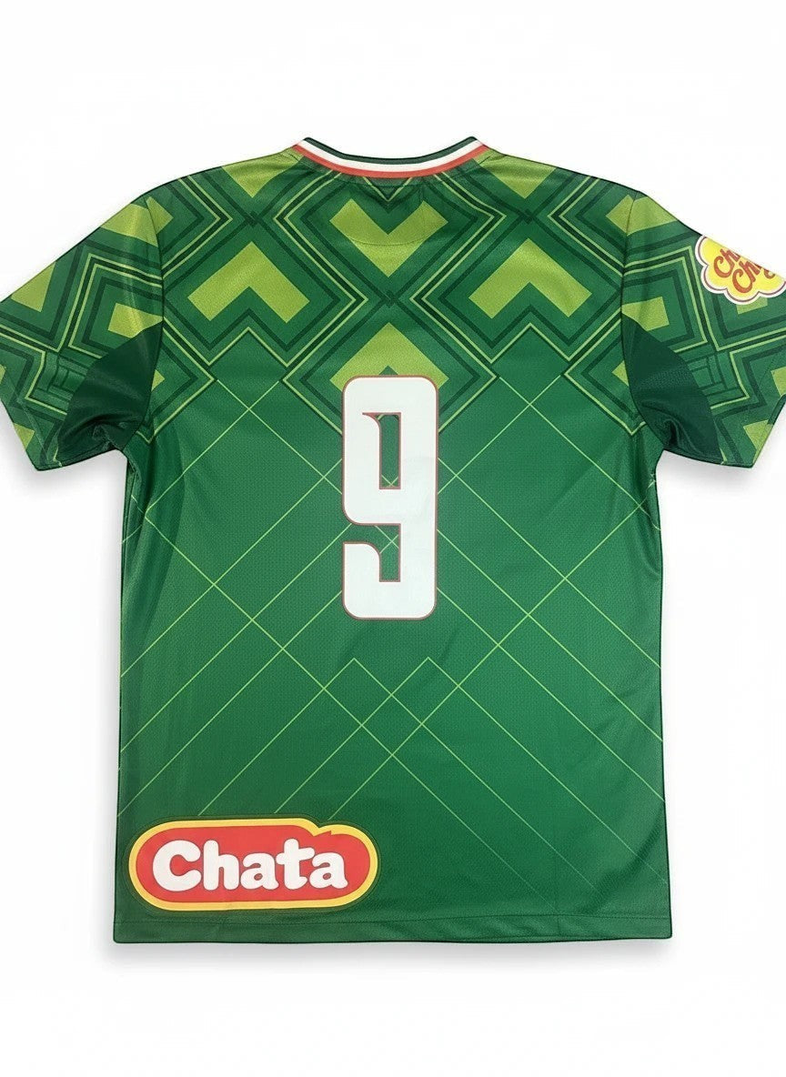 Throwback Rack Mexico 1990 World Cup National Team Soccer Jersey. Green geometric pattern, white number 9 on back.