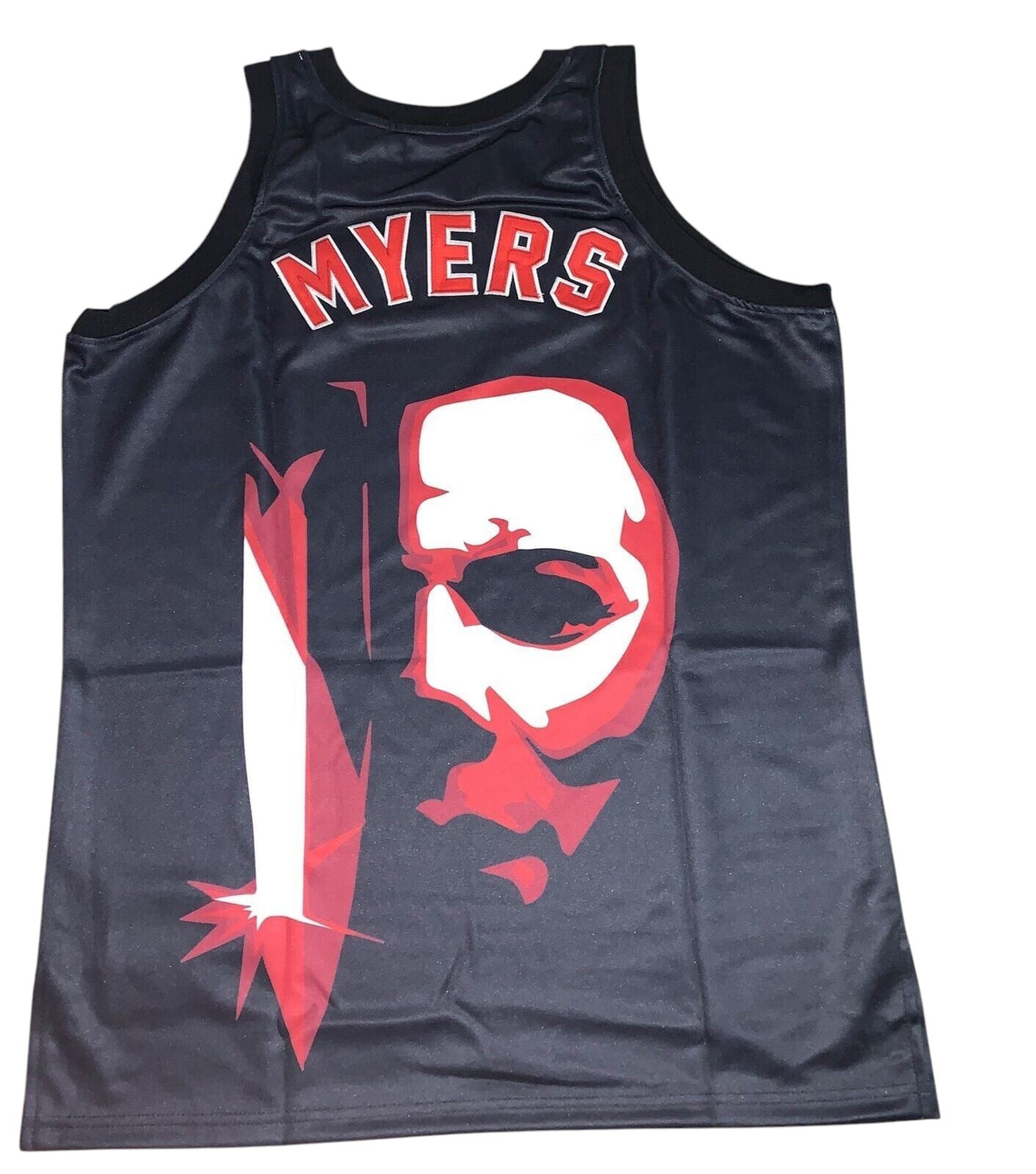 Throwback Rack black basketball jersey featuring a red and white Michael Myers portrait and blade graphic on the back.