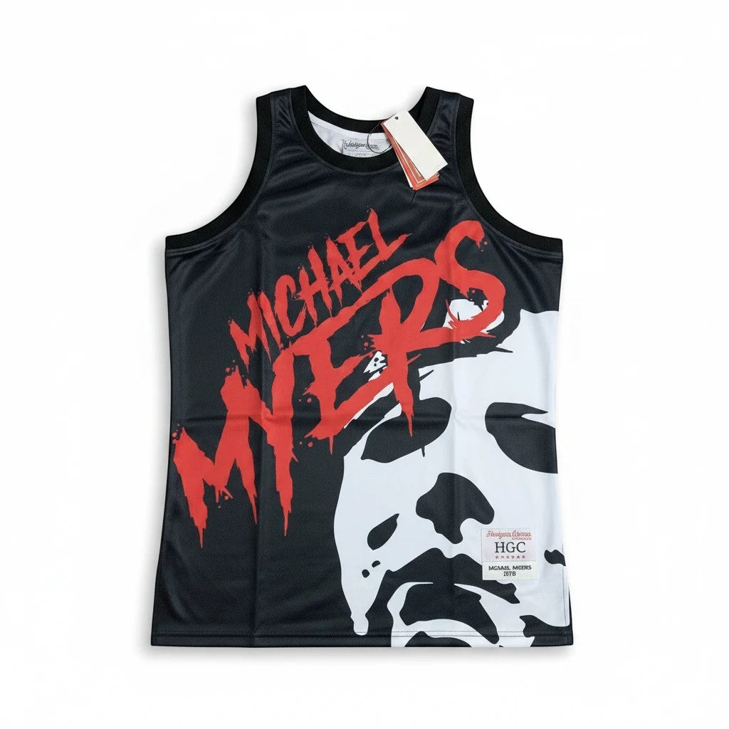 Throwback Rack black and white basketball jersey featuring a bold red Michael Myers graphic and horror movie design.