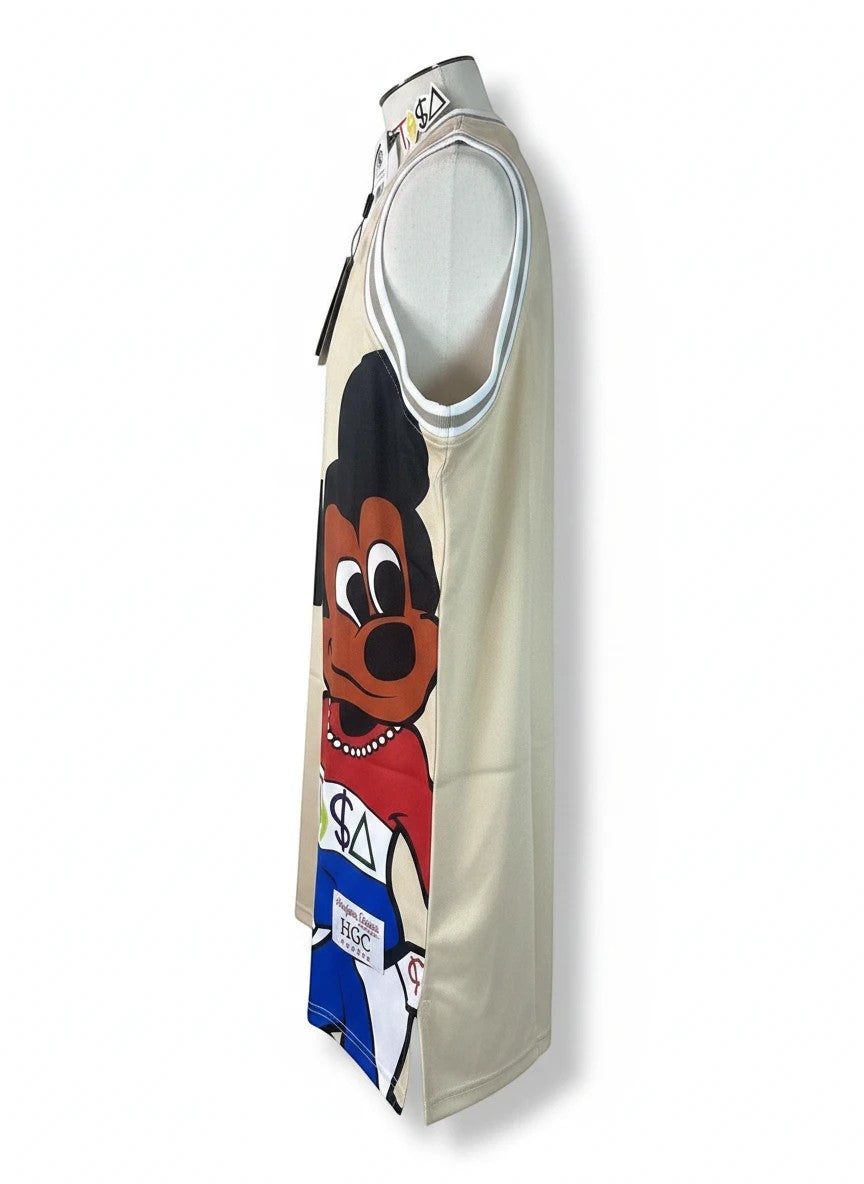 Throwback Rack tan basketball jersey with a graphic of Mickey Mouse wearing a pearl necklace and holding a basketball.