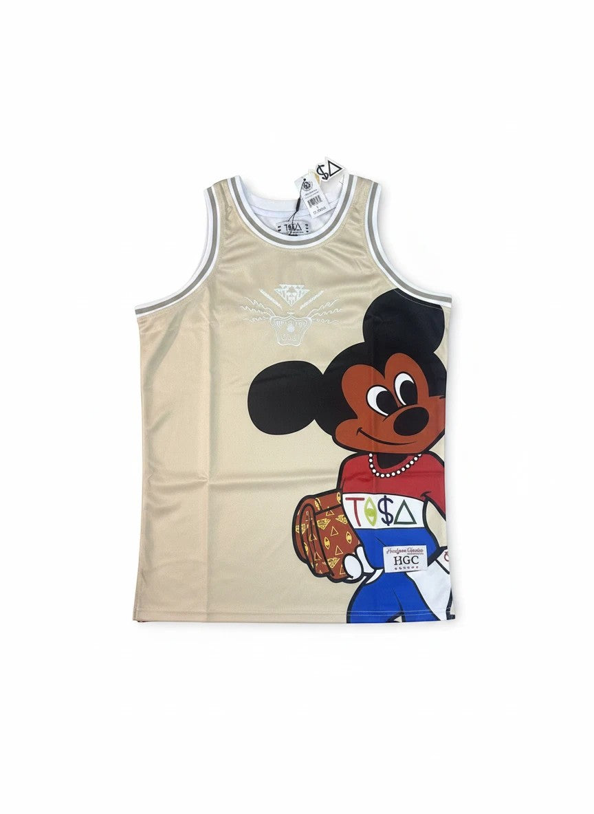 Throwback Rack tan basketball jersey with Mickey Mouse graphic, white and grey trim, and HGC branding.