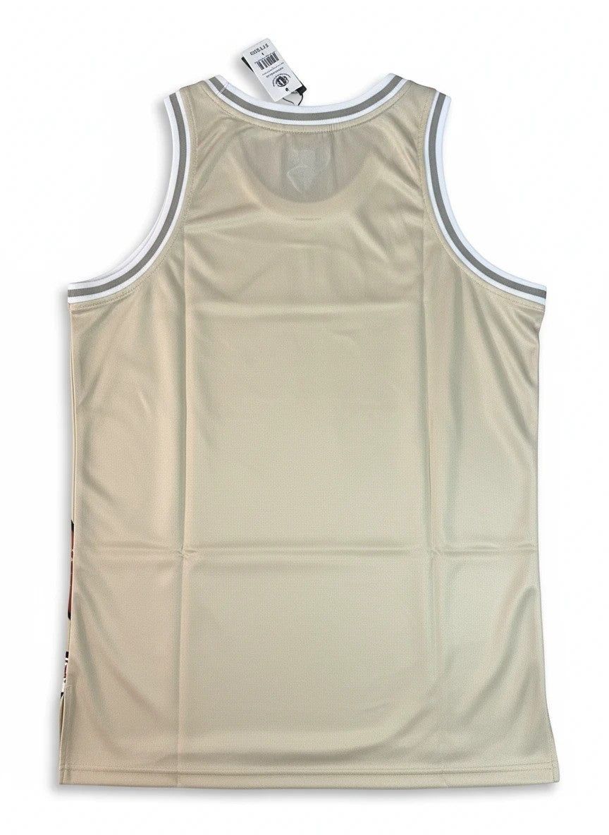 Throwback Rack tan basketball jersey with white and grey trim, featuring a Mickey Mouse graphic on the side.