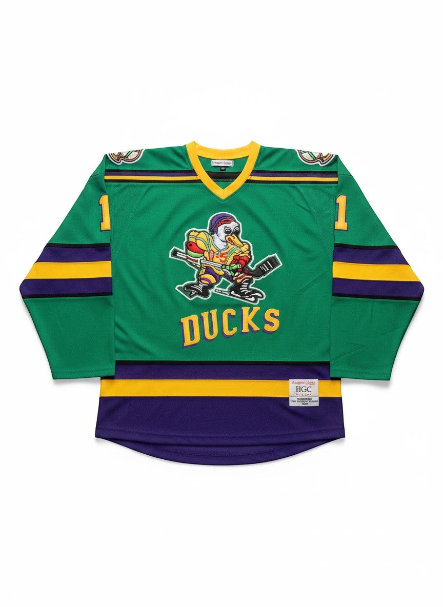 Throwback Rack green hockey jersey with purple and gold stripes, featuring the Mighty Ducks logo and