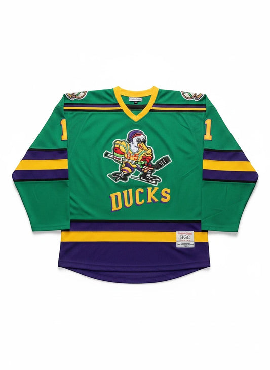 Throwback Rack green hockey jersey with purple and gold stripes, featuring the Mighty Ducks logo and