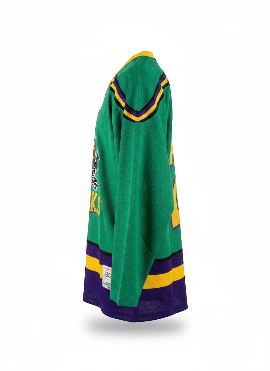 Throwback Rack Mighty Ducks Goldberg 33 green hockey jersey with purple and gold stripes.