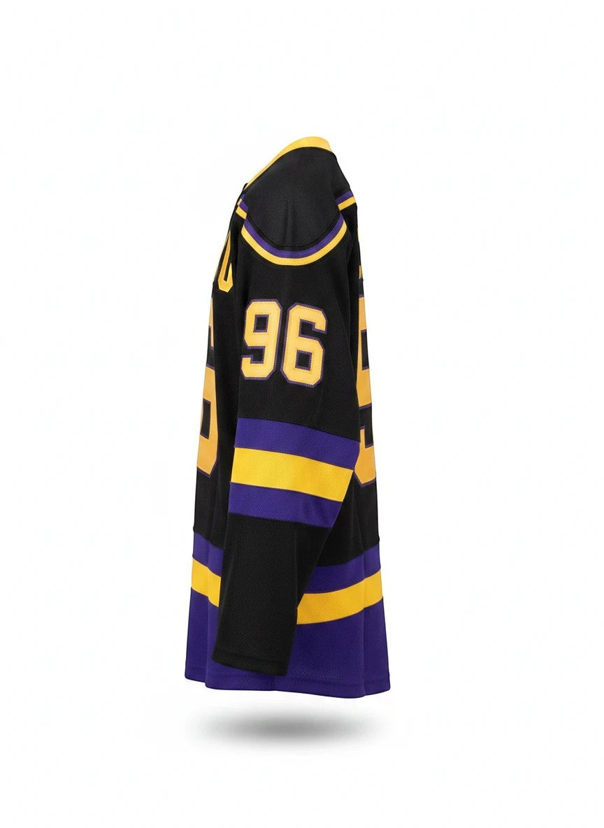 Throwback Rack black hockey jersey with purple and yellow stripes, featuring number 96 on the sleeve.