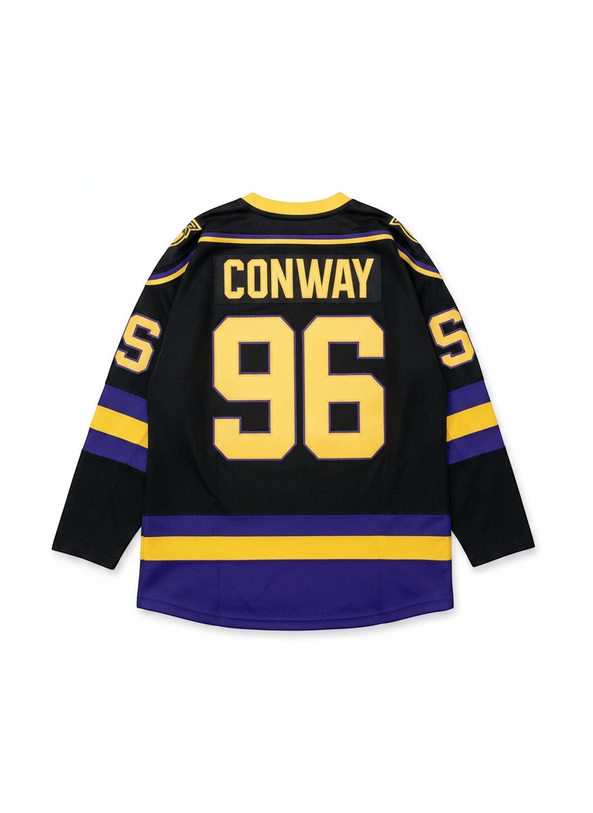 Throwback Rack black hockey jersey with purple and yellow stripes, featuring Conway 96 on the back and 6 on sleeves.