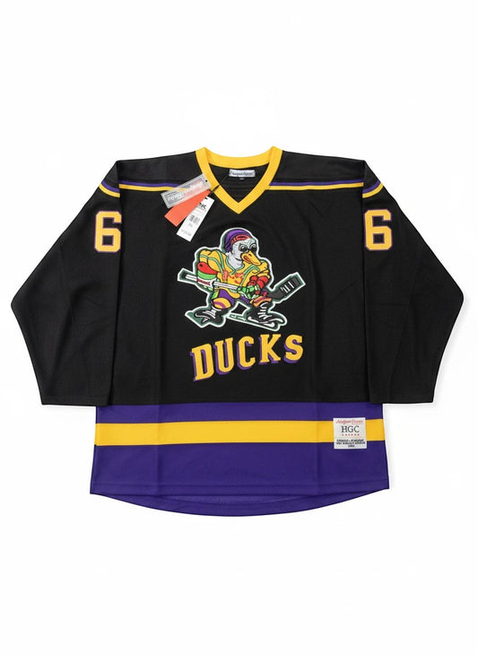 Throwback Rack black hockey jersey with iconic Ducks logo, yellow numbers, and purple and yellow stripes. Features