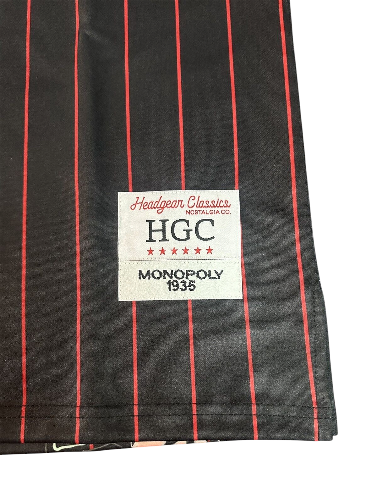 Throwback Rack Headgear Classics Monopoly basketball jersey featuring a black fabric with red pinstripes and HGC patch