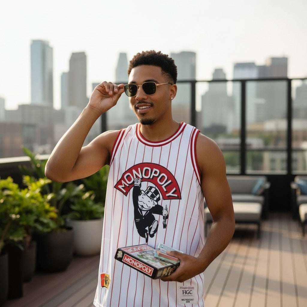 Throwback Rack white pinstripe basketball jersey with Monopoly Mr. Monopoly graphic and "00" numbers.