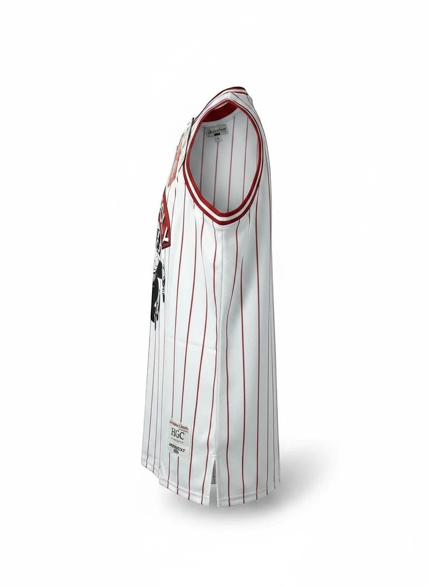Throwback Rack white pinstripe basketball jersey with Mr. Monopoly graphic and "00" numbers.