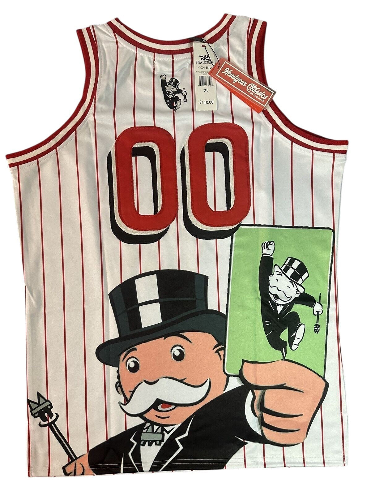 Throwback Rack white pinstripe basketball jersey with Mr. Monopoly graphic and "00" numbers.