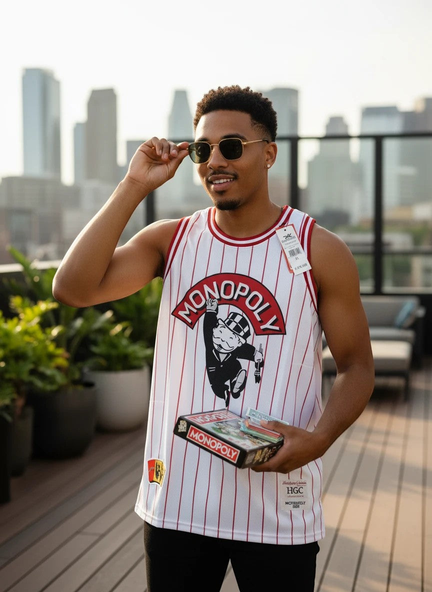 Throwback Rack white pinstripe basketball jersey with Mr. Monopoly graphic and red trim. Model holds Monopoly game.