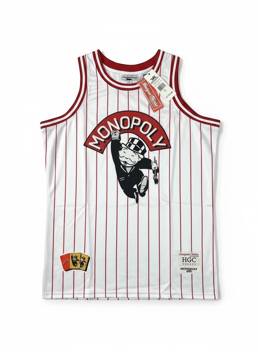 Throwback Rack white basketball jersey with red pinstripes, featuring Mr. Monopoly graphic and "MONOPOLY" text.