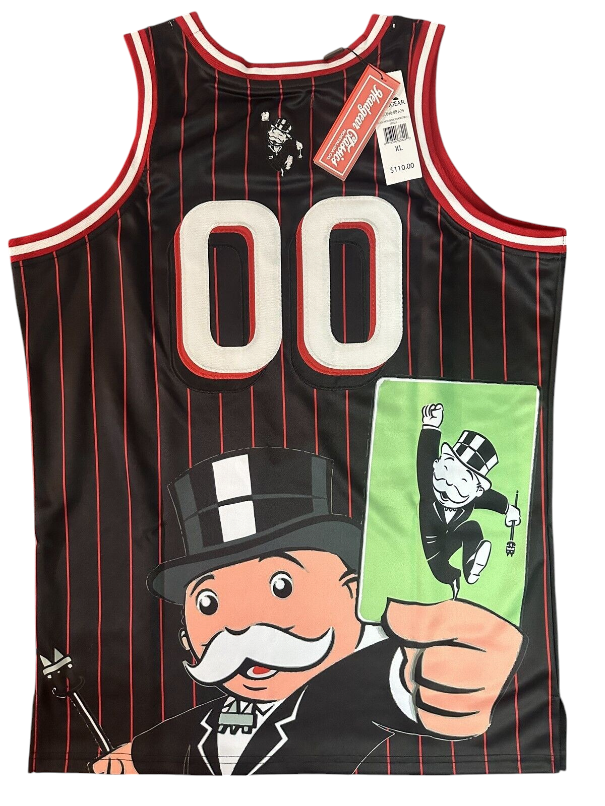 Throwback Rack Monopoly basketball jersey in black with red pinstripes, featuring Rich Uncle Pennybags and number 00.